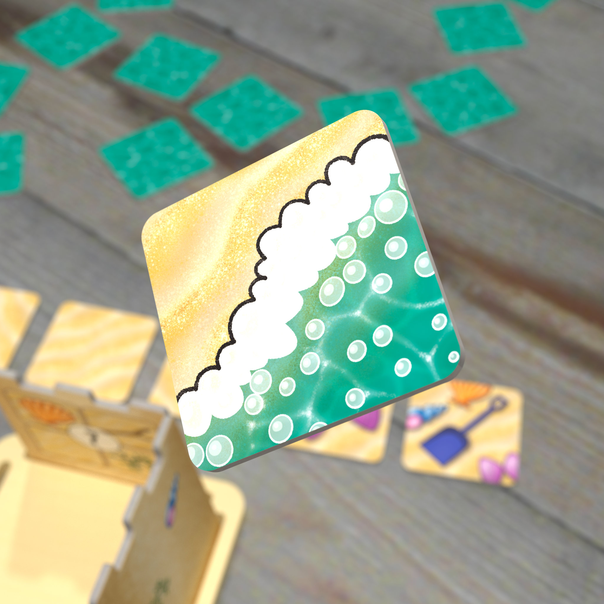 A wave tile hovers over the table. Down below it is a partially built sand castle and a row of decoration tiles.
