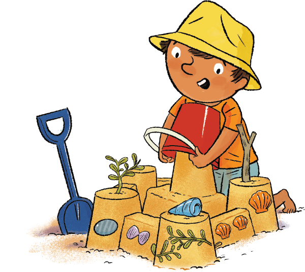 A child wearing a yellow hat is using a red bucket to build an awesome looking sand castle. A blue shovel looks on approvingly.